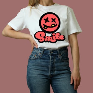 Koszulka Crazy Smiley Smile - Neon Roze - Modna koszula vrouwen - Y2K - Estetyczna koszula - Koszulka unisex