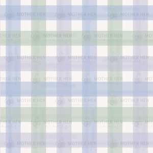 May include: A white background with a blue and green plaid pattern. The pattern is made up of thin, horizontal and vertical lines. The text "MOTHER HEN" is repeated throughout the image.