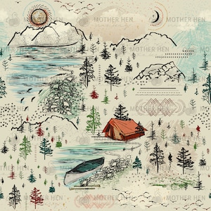 May include: An illustrated outdoor scene featuring a lake, mountains, trees, a tent, and a canoe. The artwork uses a variety of colors, including green, red, and blue, with a vintage aesthetic. A sun and moon are also depicted.