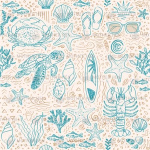 May include: A seamless pattern featuring hand-drawn illustrations of various beach-themed elements. The design includes a crab, sea turtle, starfish, seashells, fish, sunglasses, flip-flops, a surfboard, and coral in shades of teal and tan.