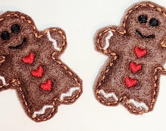 Gingerbread Applique Set Of 2 in Brown Felt, Embroidered Holiday Sewing