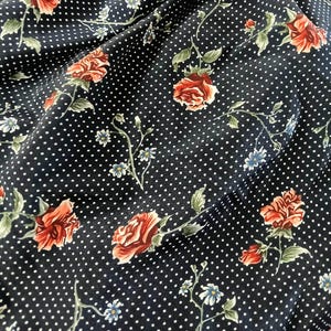 Polycotton Fabric with Rose Floral Print, Navy Blue 44" Wide 1 Yard