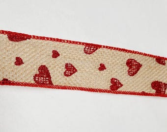 Valentine Ribbon with Red Glitter Hearts, 1.5in Wide Burlap