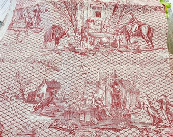 Garnet Toile Fabric Yard, Cotton Print with Vintage Scenes