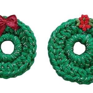 Mini Crochet Wreath, Green Yarn with Silver Thread, Red Bow or Flower Applique