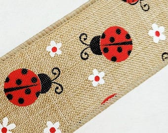 Ladybug Ribbon, 1.5" Wired Linen with Red, 2 Yards