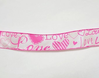 Valentine Ribbon with Hearts, Pink Polyester 1.5in Wide, 2 Yard