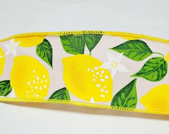 Lemon Ribbon, 2.5-Inch Wired Floral Print on Pink Background
