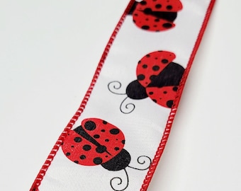 Ladybug Ribbon, 1.5" Wired with Red Cotton and Linen,2 Yards