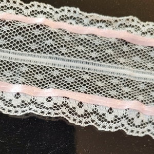 Vintage White Lace with Pink Ribbons 2 inches wide 1 yard