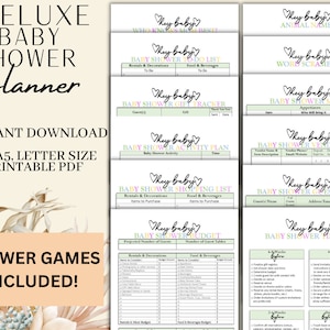 May include: A printable baby shower planner with various checklists and forms, including a to-do list, gift tracker, and shopping list. The planner is available in A4, A5, and letter sizes. The words "DELUXE BABY SHOWER planner" are at the top.
