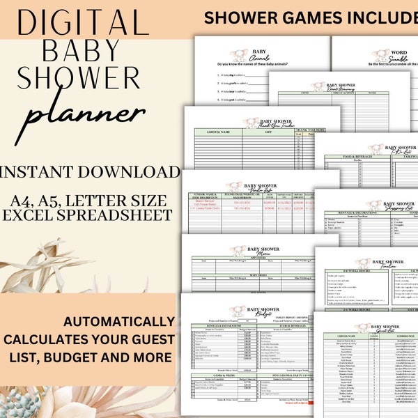 Digital Baby Shower Planner Excel Spreadsheet Template