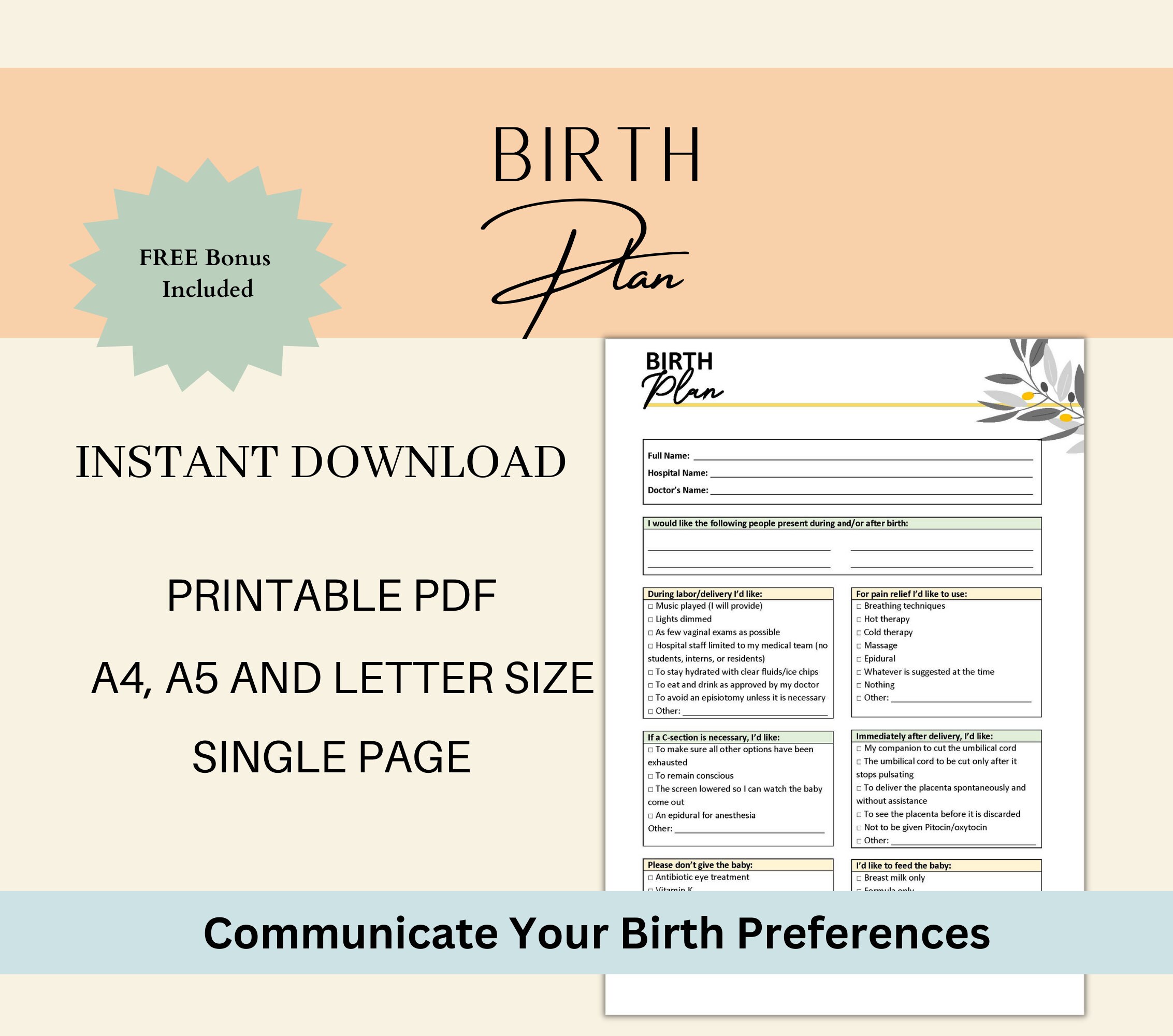 Printable Birth Plan Template Etsy Printable Birth Plan Template Etsy