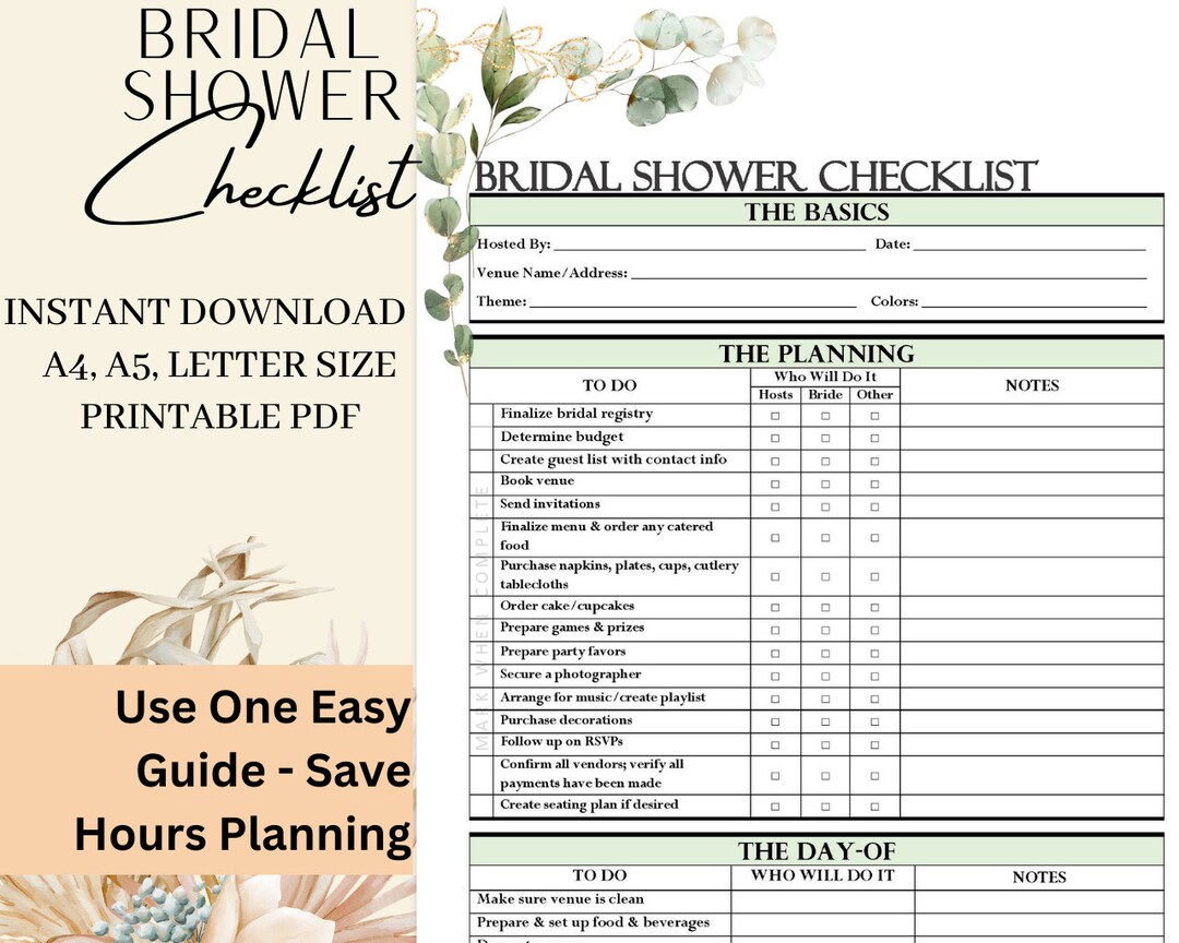 Printable Bridal Shower Checklist Instant Download Bridal Shower Guide ...