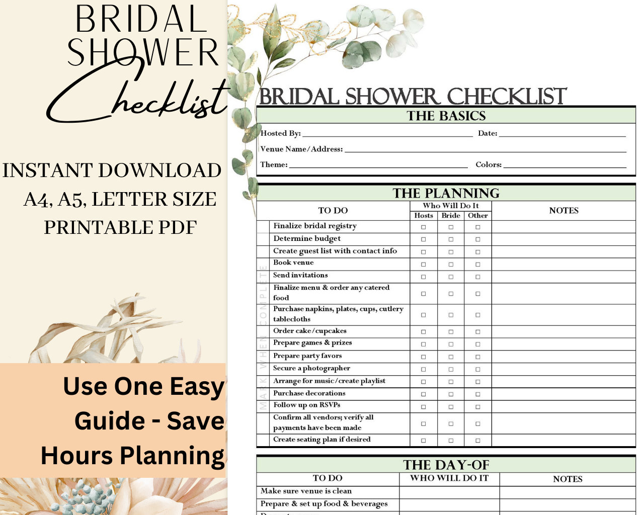 Printable Bridal Shower Checklist Instant Download Bridal Shower Guide ...