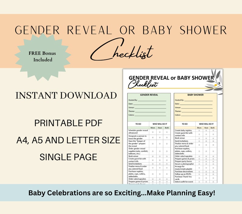 Baby Shower and Gender Reveal Planning Checklist-instant Download - Etsy