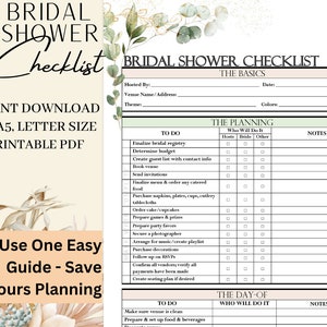 May include: A printable bridal shower checklist with a green and white floral design. The checklist includes sections for the basics, planning, and the day of. It includes a to-do list, who will do it, and notes.