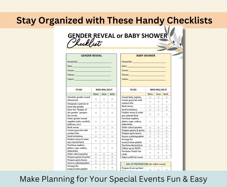Baby Shower and Gender Reveal Planning Checklist-instant Download - Etsy - Planning A Gender Reveal Party Checklist