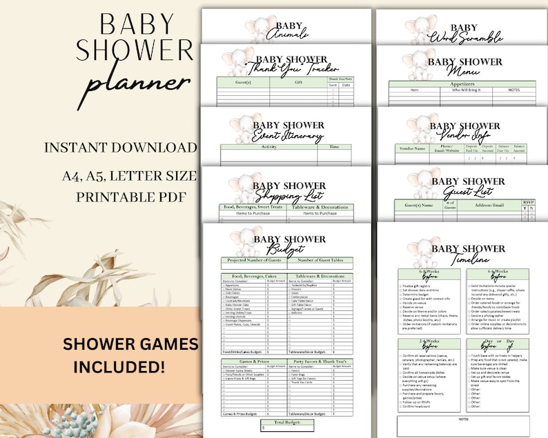 May include: A printable baby shower planner with various pages, including a guest list, budget, and timeline. The design features a soft color palette with elephant illustrations and the text "Baby Shower Planner."