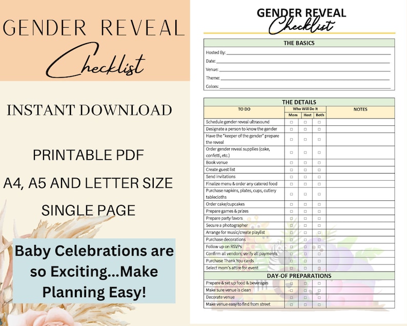 Printable Editable Gender Reveal Planning Template Checklist - Etsy - Planning A Gender Reveal Party Checklist