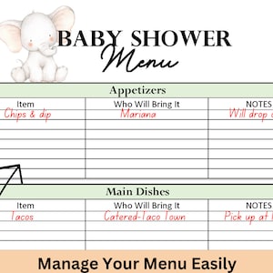 May include: A baby shower menu template with a watercolor illustration of a white elephant. The menu includes sections for appetizers and main dishes, with space to list items, who is bringing them, and notes. Text includes "Baby Shower Menu" and "Manage Your Menu Easily."