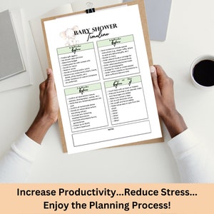 May include: A baby shower timeline checklist on a clipboard, held by hands. The checklist includes sections for 6 weeks before, 4 weeks before, and the day of the event. The top of the checklist has the words "Baby Shower Timeline" and a small elephant graphic.