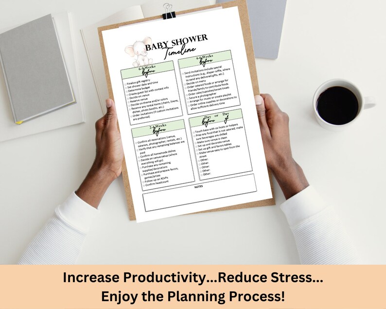 May include: A baby shower timeline checklist on a clipboard, held by hands. The checklist includes sections for 6 weeks before, 4 weeks before, and the day of the event. The top of the checklist has the words "Baby Shower Timeline" and a small elephant graphic.