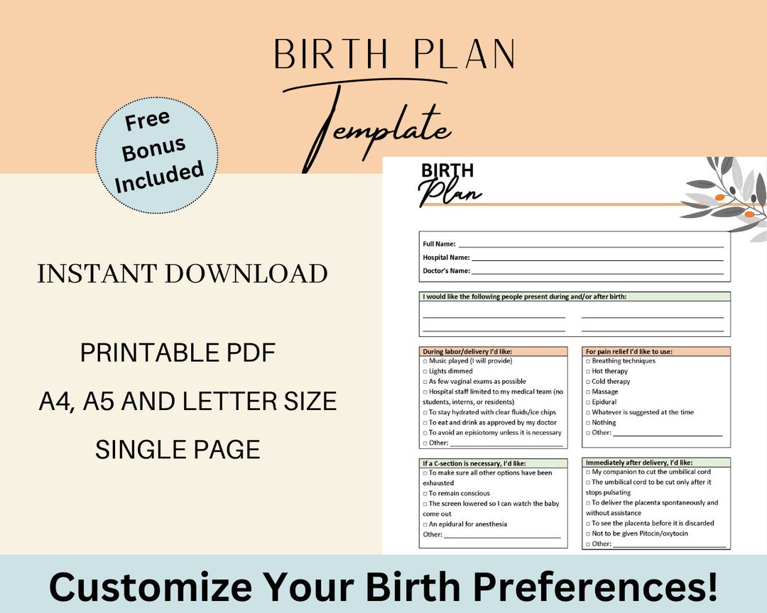 Printable Birth Plan Template Instant Download Etsy Printable Birth Plan Template Instant Download Etsy