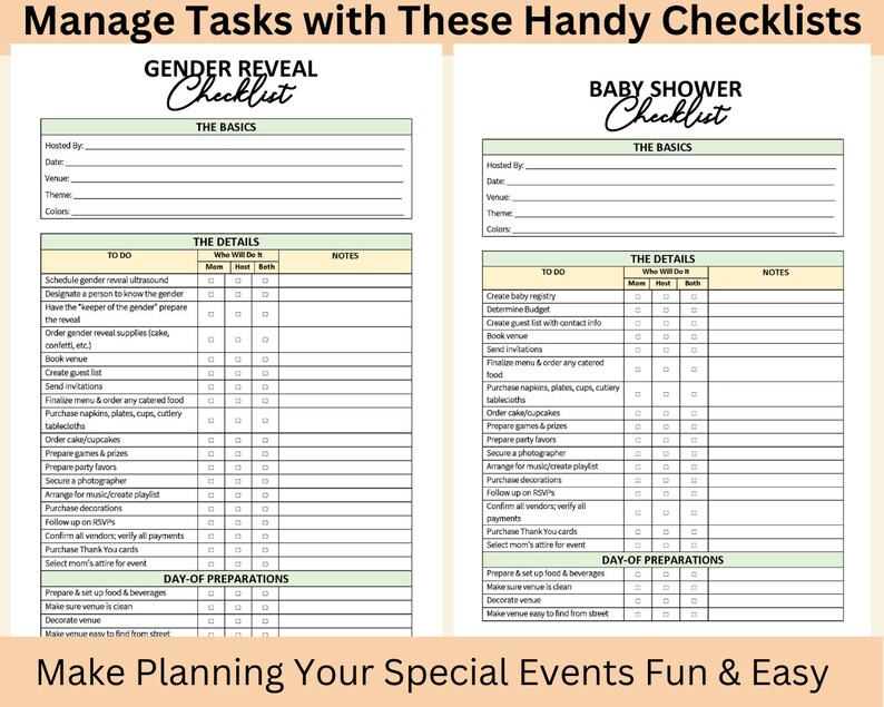 Printable Baby Shower Gender Reveal Checklist Bundle Instant Download - Planning A Gender Reveal Party Checklist