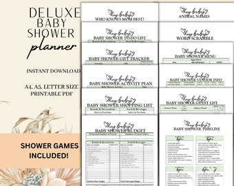 Printable Baby Shower Planner Template, Games Included, Minimalist Black and White, Digital Instant Download