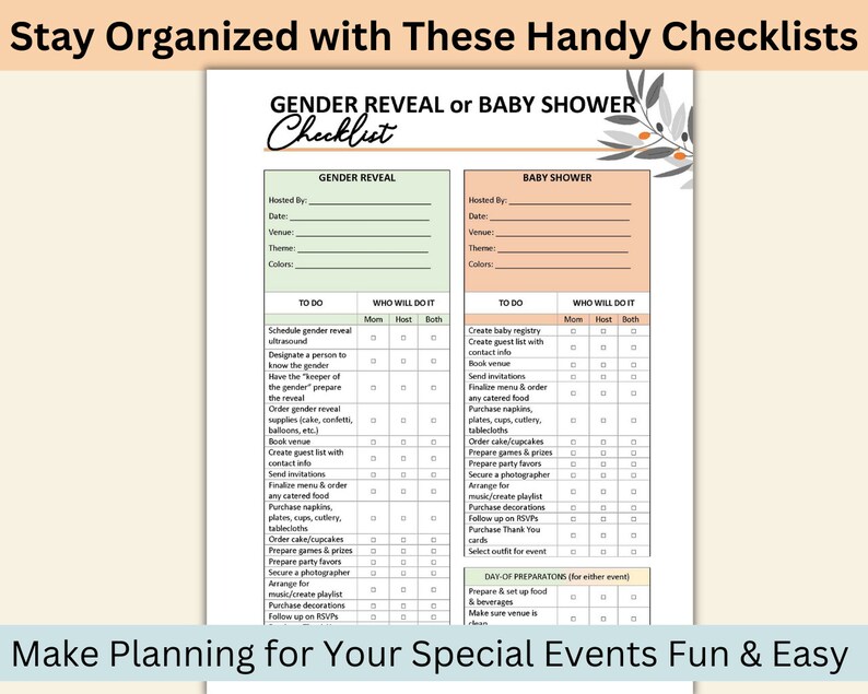 Printable Baby Shower Gender Reveal Checklist Instant Download Template - Planning A Gender Reveal Party Checklist