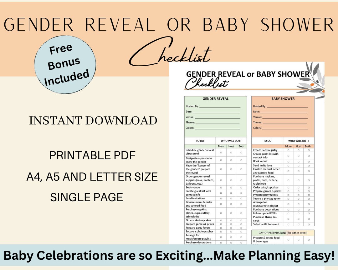 Printable Baby Shower Gender Reveal Checklist Instant Download Template - Planning A Gender Reveal Party Checklist