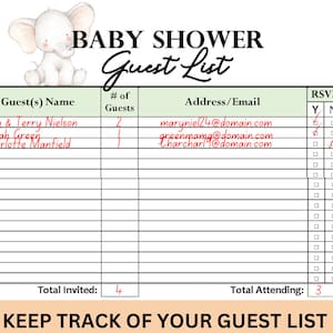 May include: A baby shower guest list template with an illustration of a baby elephant. The text reads "BABY SHOWER Guest List" and includes sections for guest names, email addresses, and RSVP status. The bottom of the template says "KEEP TRACK OF YOUR GUEST LIST".