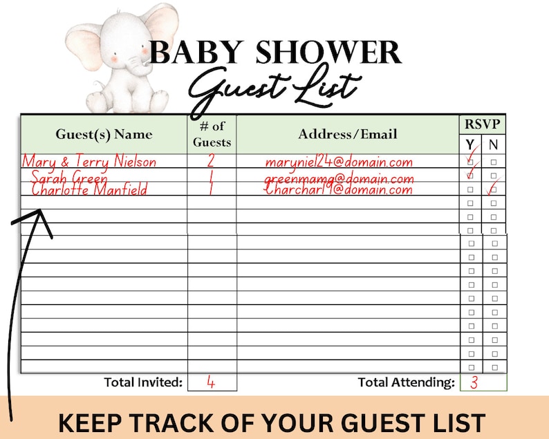 May include: A baby shower guest list template with an illustration of a baby elephant. The text reads "BABY SHOWER Guest List" and includes sections for guest names, email addresses, and RSVP status. The bottom of the template says "KEEP TRACK OF YOUR GUEST LIST".