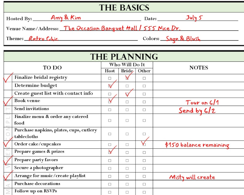 Printable Bridal Shower Checklist Instant Download, Bridal Shower Guide ...