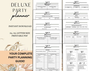 May include: A printable party planner PDF with a black and white design. The planner includes sections for to-do lists, seating plans, menus, vendor information, guest lists, activity plans, shopping lists, budgets, and timelines. The planner is available in A4, A5, and letter sizes.