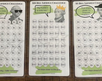 May include: Three savings challenge cards featuring illustrations of U.S. presidents. Each card is for a different amount: £1, £5, and £10. The cards have phrases such as "My hustle's a solid ten" and "Five steps ahead of broke."