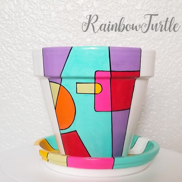 Geometric Fun - Hand Painted Plant Pot with Drainage Hole and Saucer, Terracotta Indoor Planter Pot, Large succulent planter