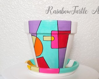 Geometric Fun - Hand Painted Plant Pot with Drainage Hole and Saucer, Terracotta Indoor Planter Pot, Large succulent planter