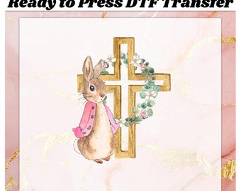 Easter Girl Pink Bunny with Cross DTF Transfer Ready to Press, Pink Rabbit Easter Cross DTF, Easter Bow Cross Ready to Press Print