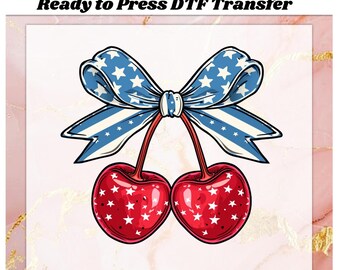 Coquette Cherry DTF Transfer Ready to Press, Coquette Bow Cherry Apply for Heat Press, 4th of July sublimation DTF Print, American Flag Dtf