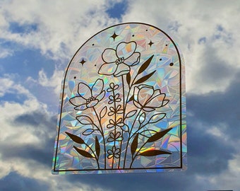 Sonnenfänger Fenstersticker Blumenbogen Lavendel  Wildblumen , selbsthaftend , wiederverwendbar , rückstandslos ablösbar