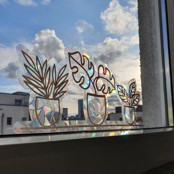 Sonnenfänger Sticker Blumentöpfe Monstera minimalistische Fensterdekoration Regenbogenfolie