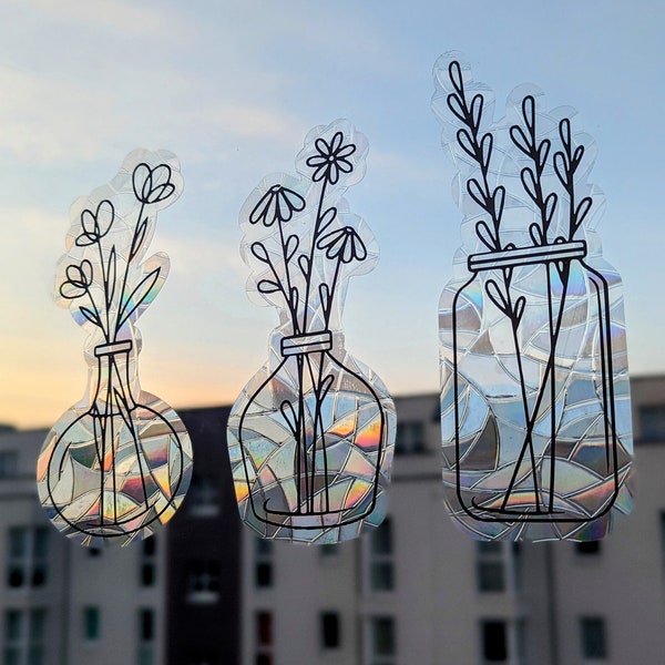 Sun catcher window sticker set three vases , rainbow foil reusable window sticker