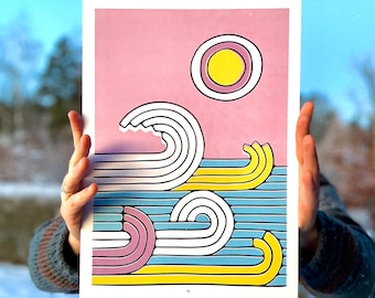 Pink Waves / Print DIN A3 / weiß recycelt / Druck Illustration Kunst / abstrakt minimalistisch / Pelf Metersen