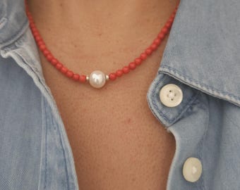 Red coral and pearl necklace
