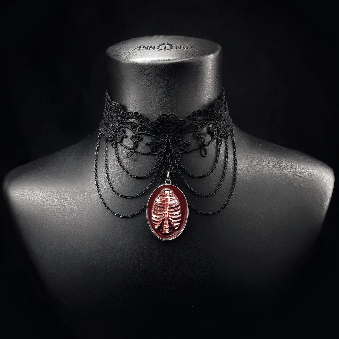Victorian Goth Ribcage Cameo Choker – Burgundy Velvet Black Gothic Lace ...