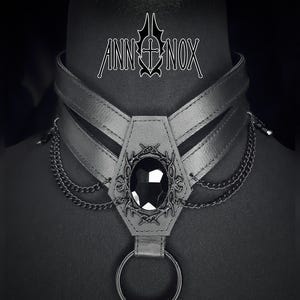 Vegan Leather Coffin Choker – Gothic Harness Necklace with Black Gem image 7