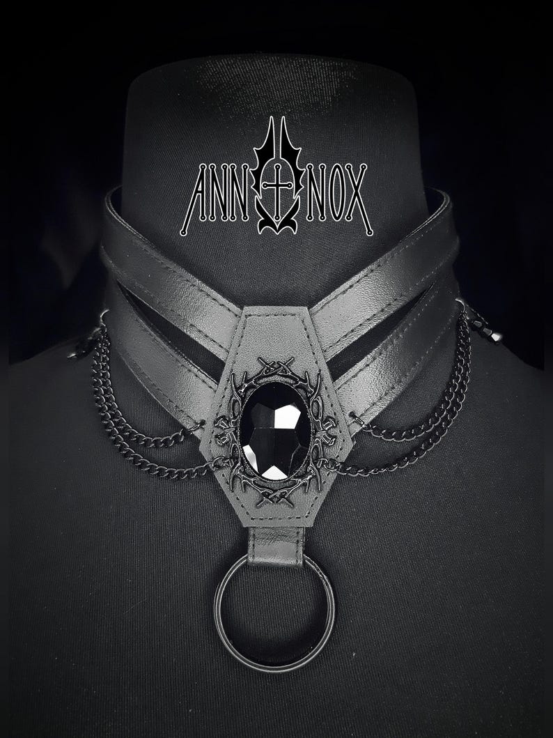 Vegan Leather Coffin Choker – Gothic Harness Necklace with Black Gem image 7