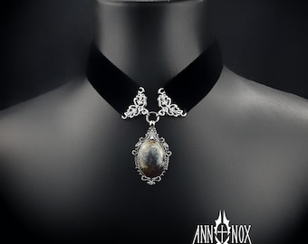 Victorian Goth Black Velvet Choker, Ornate Silver-Tone Frame, Natural Gemstone Cabochon